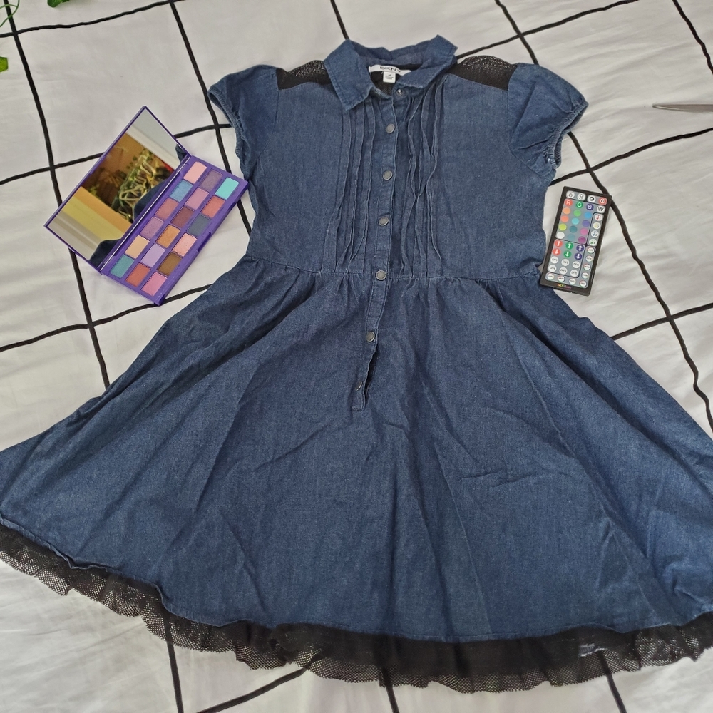Girls Denim Black Mesh Dress